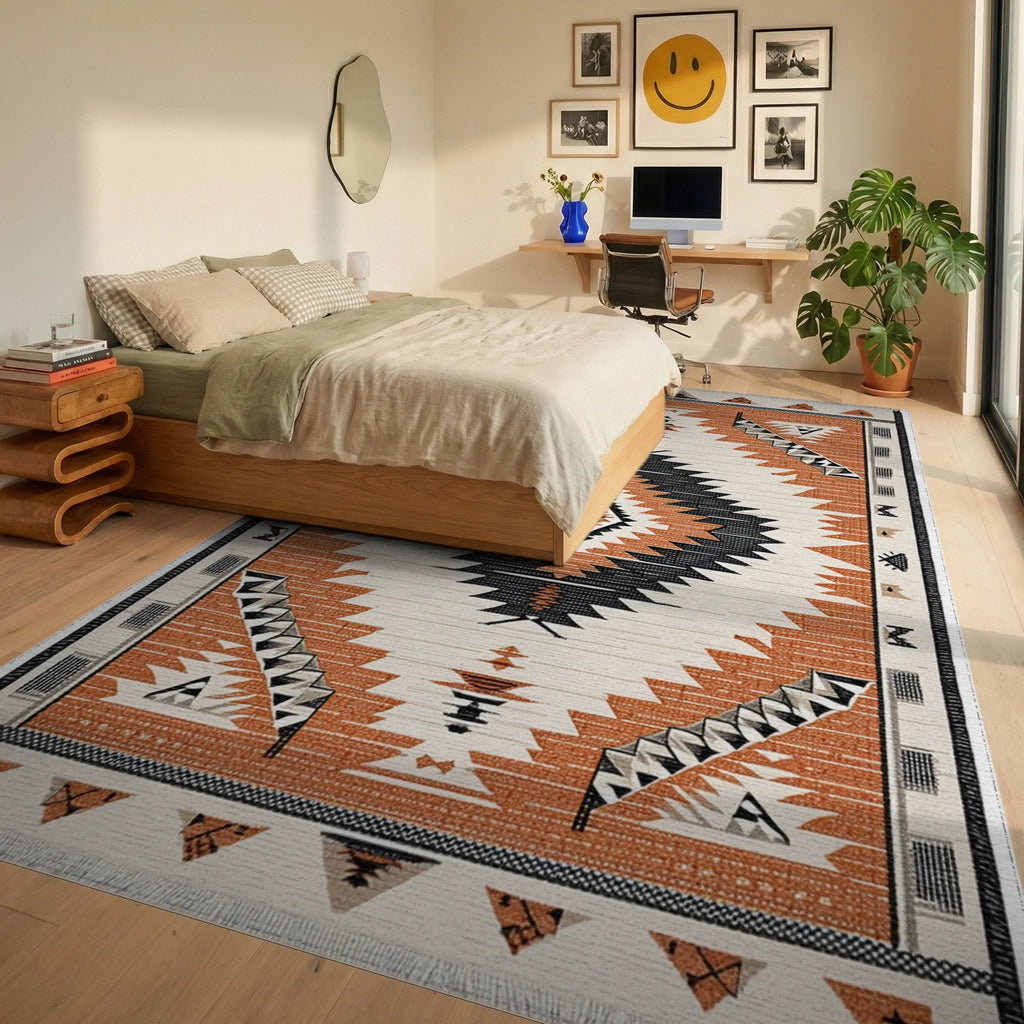 Terracotta Black Diamond Geometric Rug - Bedroom View