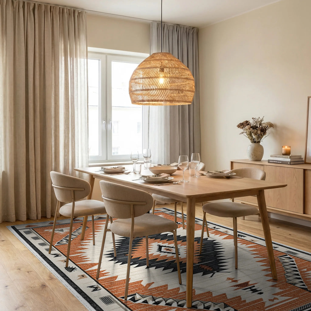 Terracotta Black Diamond Geometric Rug - Dining Room View