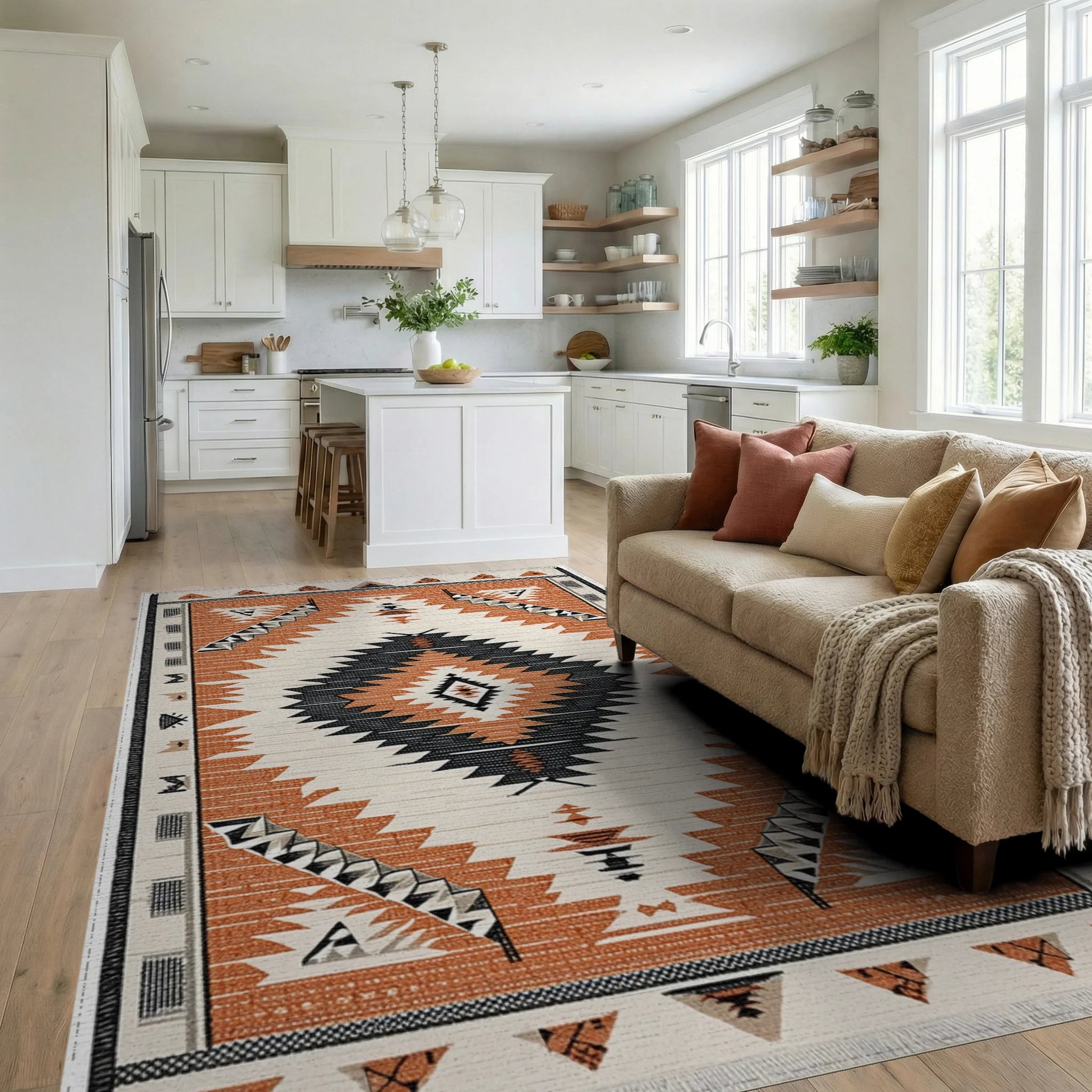 Terracotta Black Diamond Geometric Rug - Living Room View