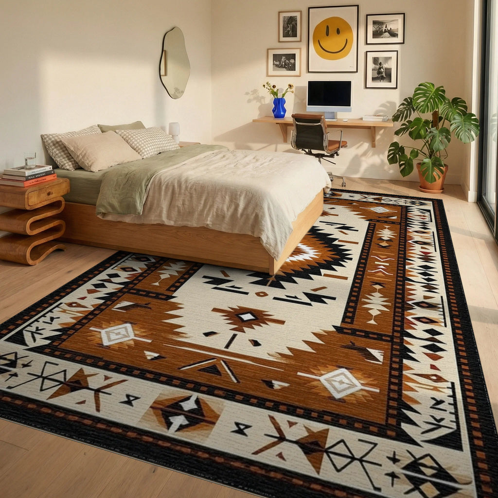 Terracotta Black Geometric Diamond Rug - Bedroom View