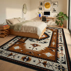 Terracotta Black Geometric Diamond Rug - Bedroom View