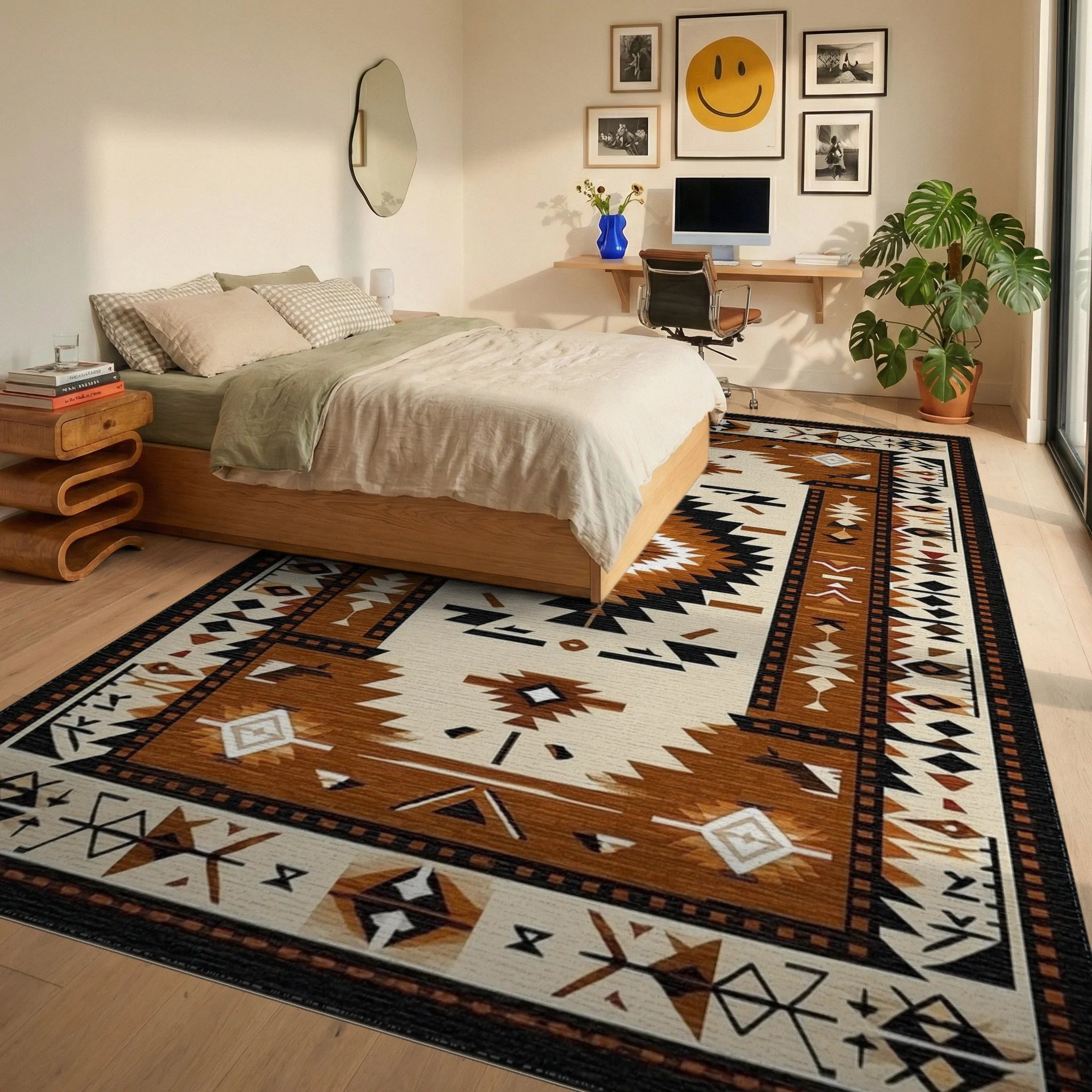 Terracotta Black Geometric Diamond Rug - Bedroom View