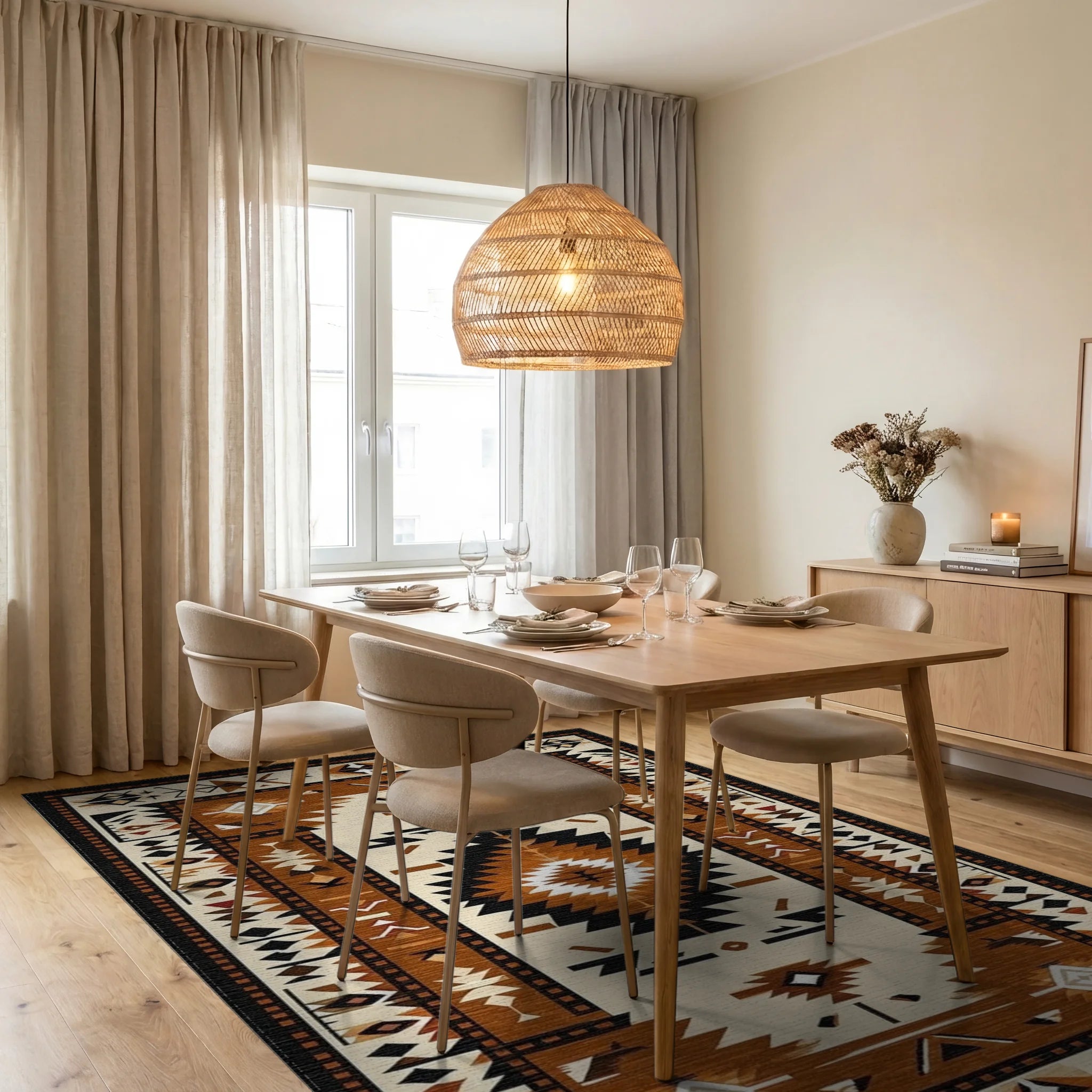 Terracotta Black Geometric Diamond Rug - Dining Room View