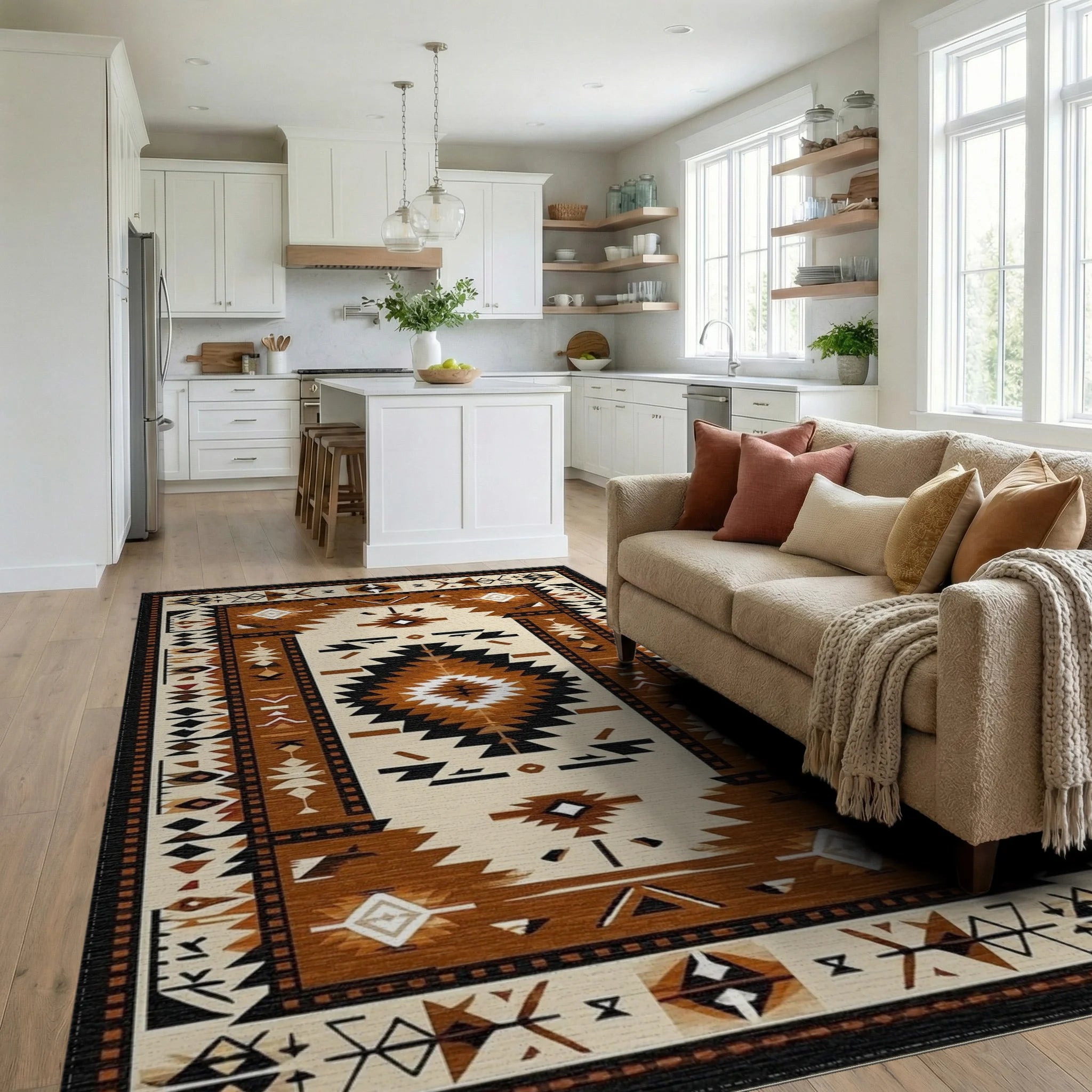 Terracotta Black Geometric Diamond Rug - Living Room View