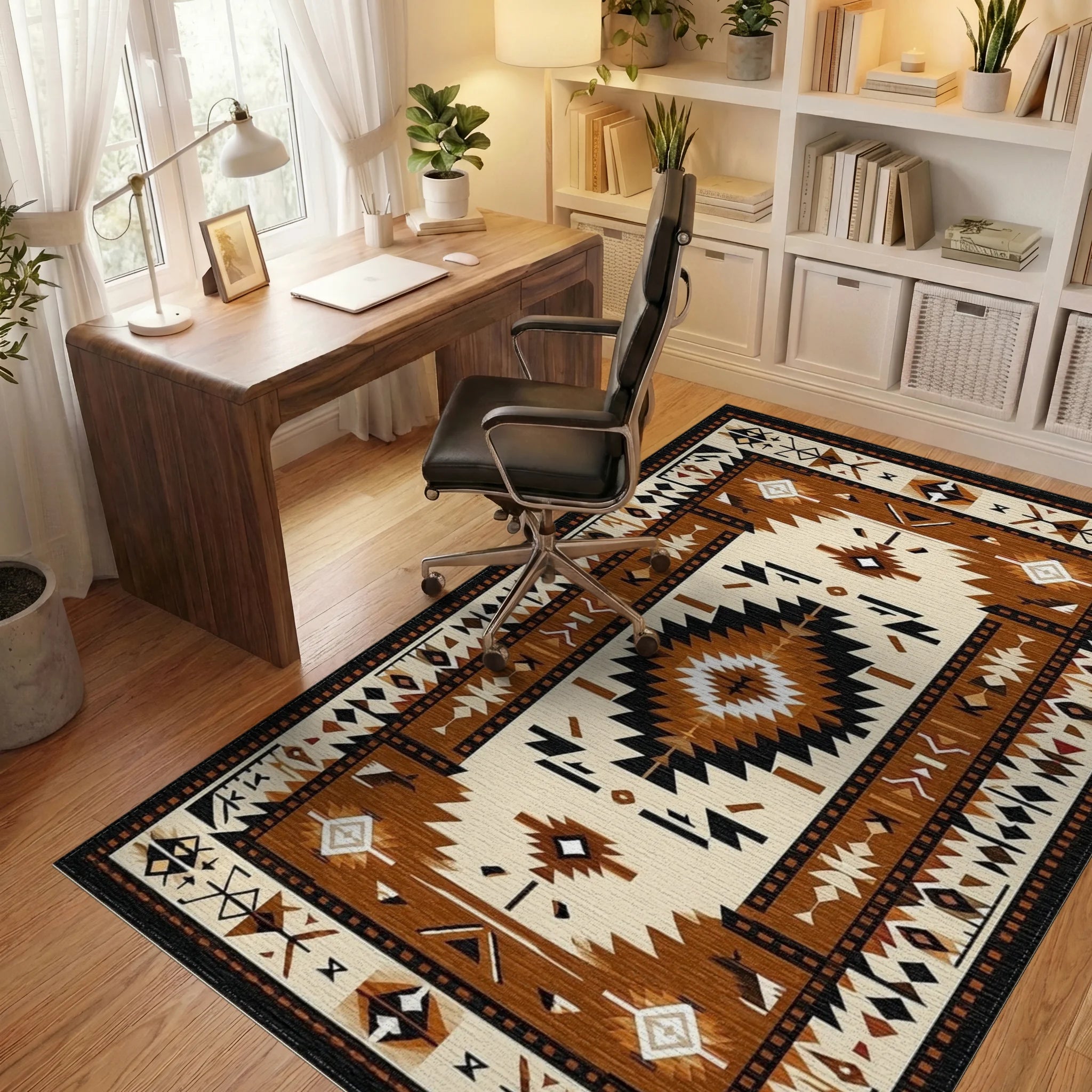 Terracotta Black Geometric Diamond Rug - Office View