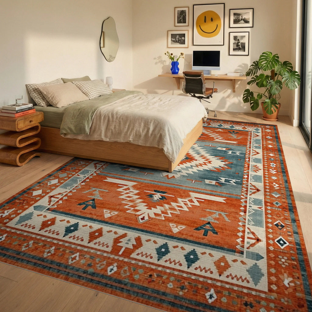 Terracotta Blue Southwest Geometric Rug - Bedroom View