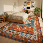 Terracotta Blue Southwest Geometric Rug - Bedroom View