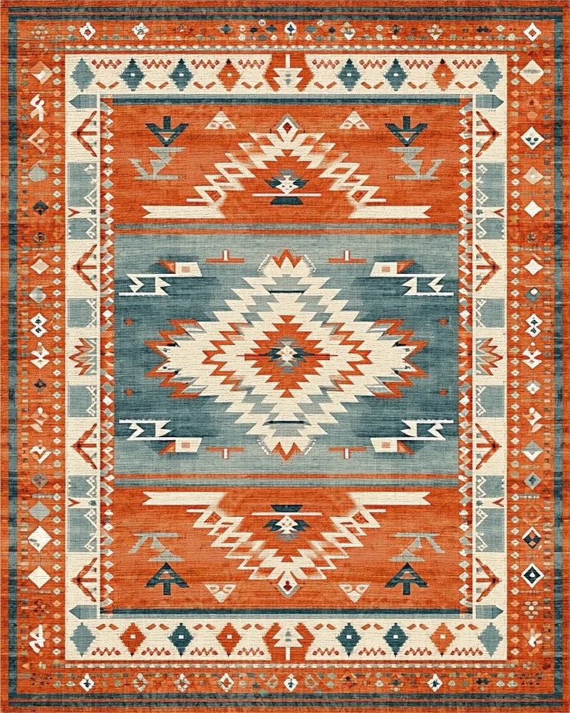 Terracotta Blue Southwest Geometric Rug