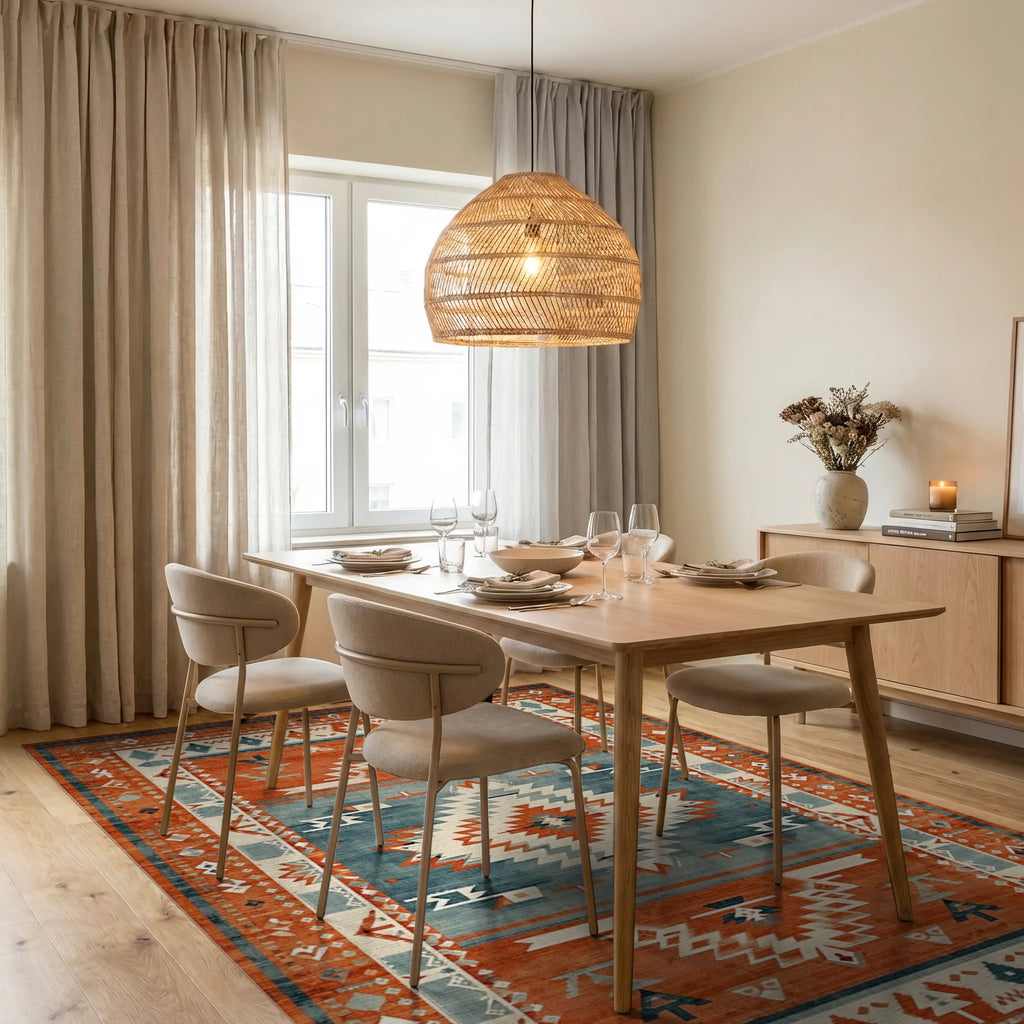 Terracotta Blue Southwest Geometric Rug - Dining Room View