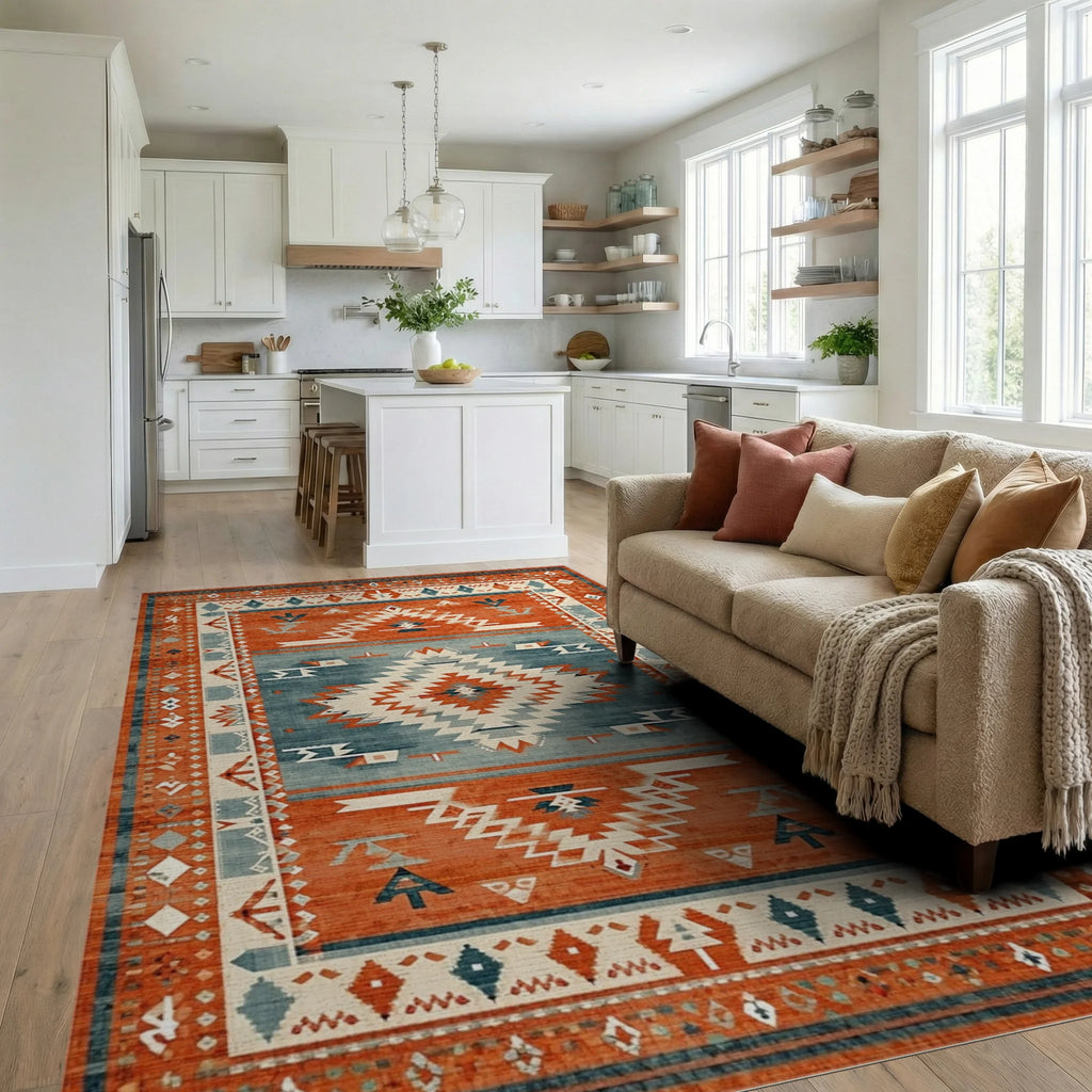 Terracotta Blue Southwest Geometric Rug - Living Room View