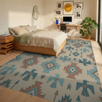 Terracotta Blue Thunderbird Geometric Rug Bedroom View