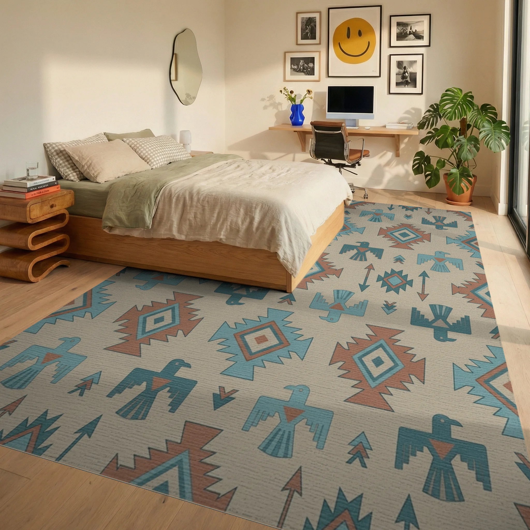 Terracotta Blue Thunderbird Geometric Rug Bedroom View
