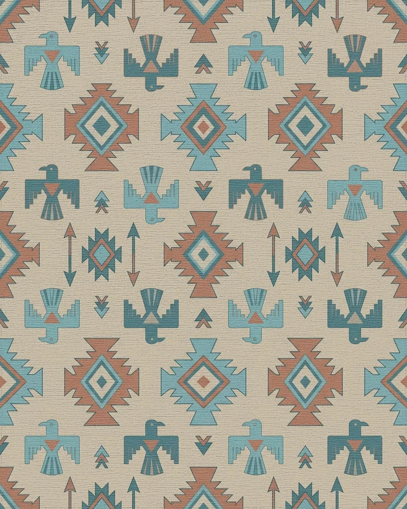 Terracotta Blue Thunderbird Geometric Rug - Cutout View