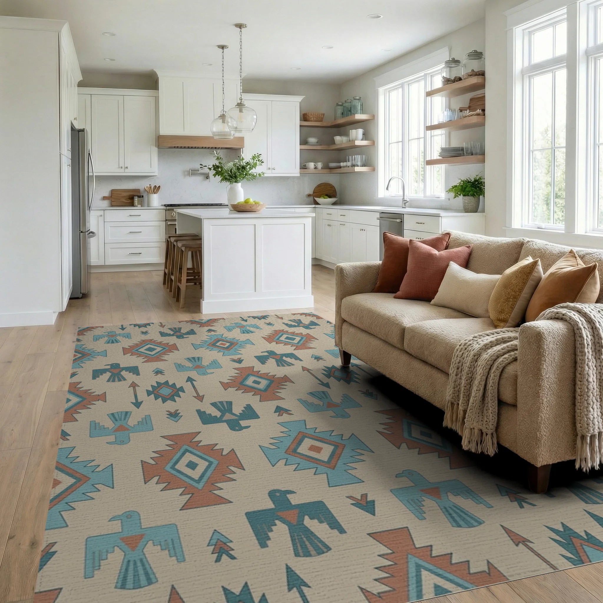 Terracotta Blue Thunderbird Geometric Rug Living Room View