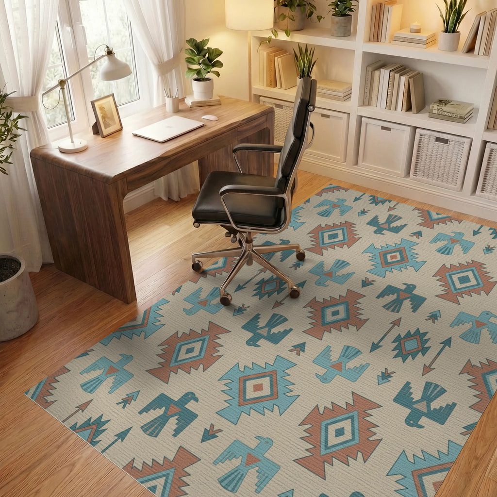 Terracotta Blue Thunderbird Geometric Rug Office View