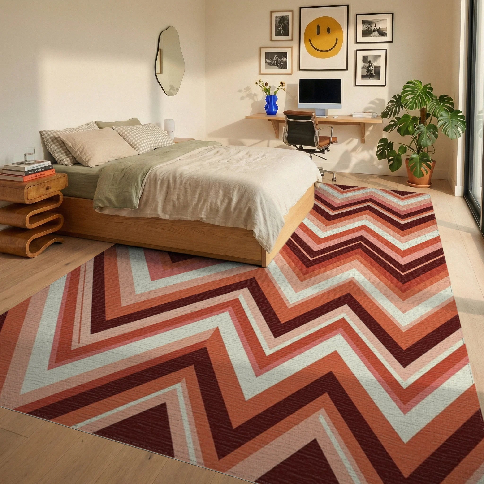 Terracotta Chic Zigzag Chevron Geometric Rug Bedroom View