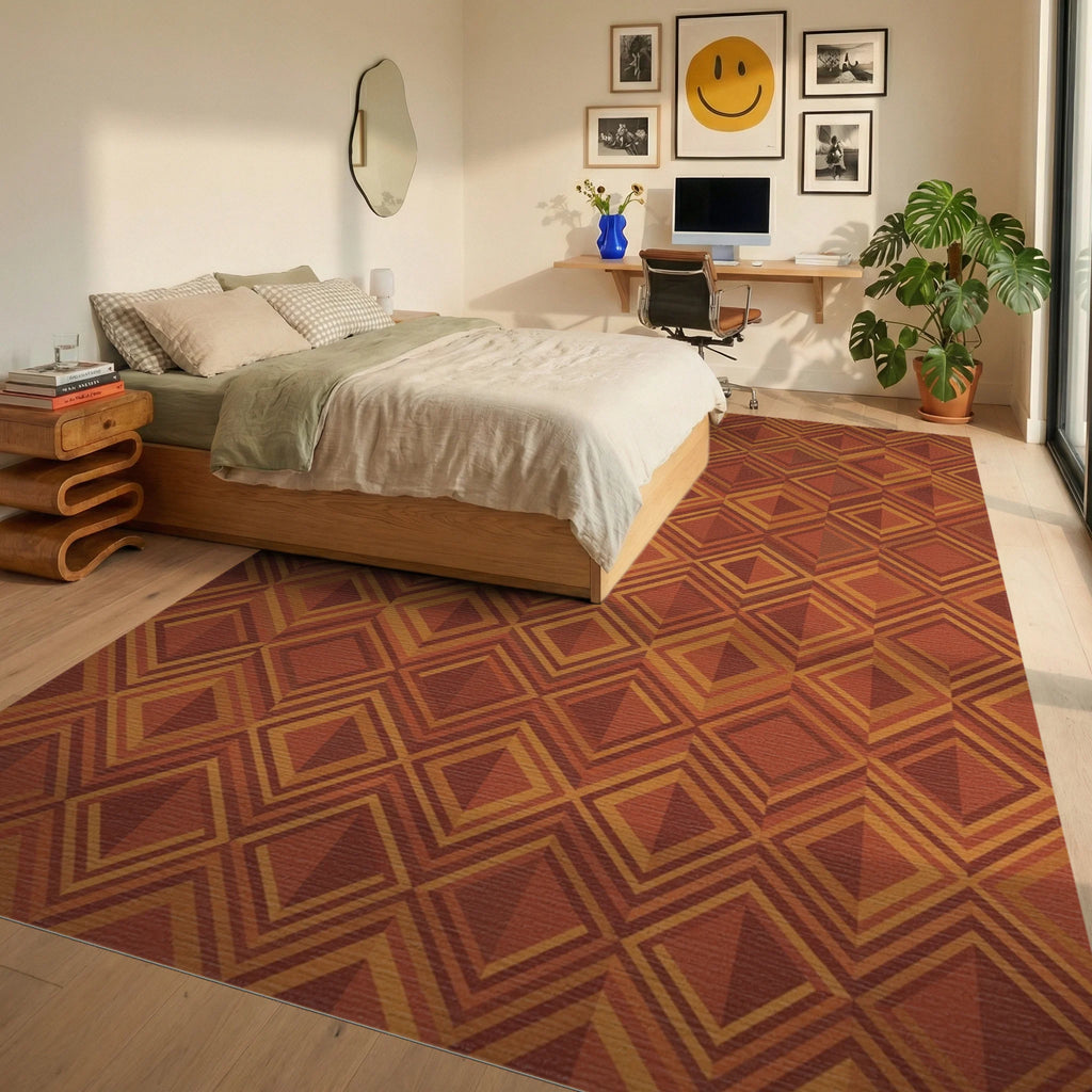 Terracotta Diamond Layered Geometric Rug Bedroom View