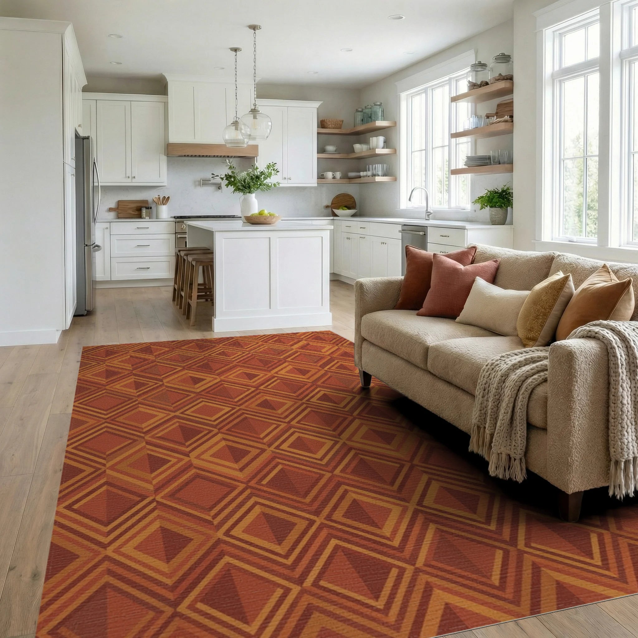 Terracotta Diamond Layered Geometric Rug Living Room View