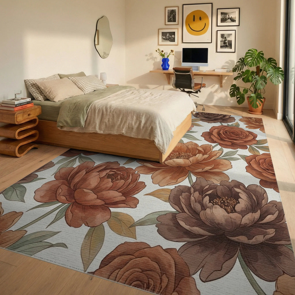 Terracotta Floral Botanical Blooms Rug Bedroom View