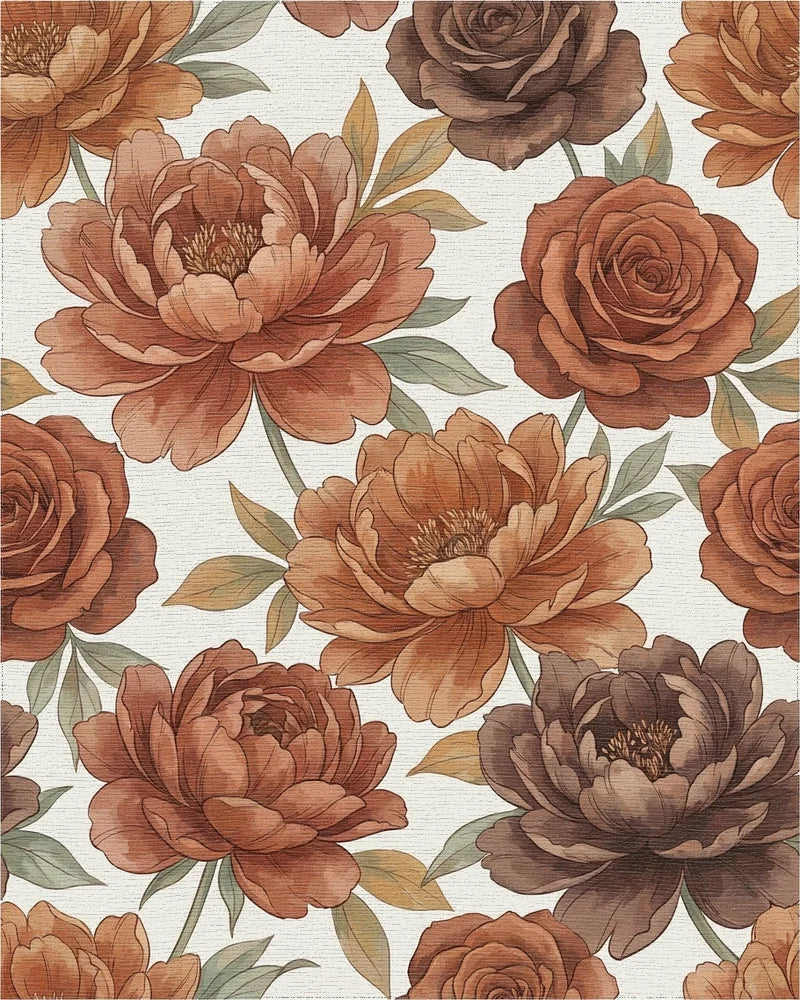 Terracotta Floral Botanical Blooms Rug - Cutout View
