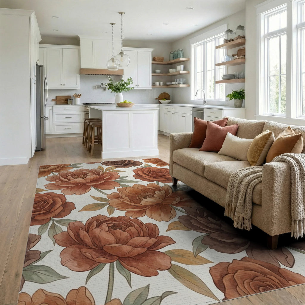 Terracotta Floral Botanical Blooms Rug Living Room View