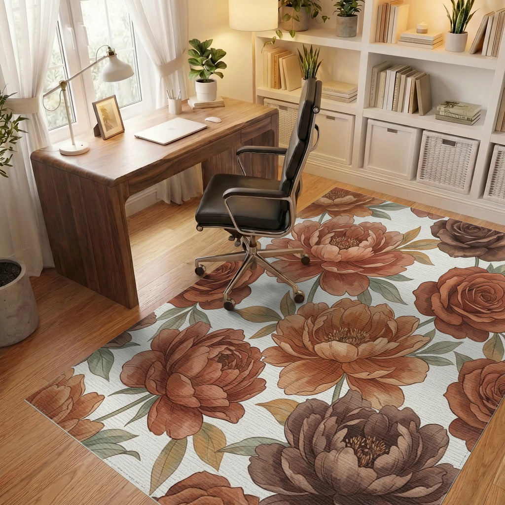 Terracotta Floral Botanical Blooms Rug Office View
