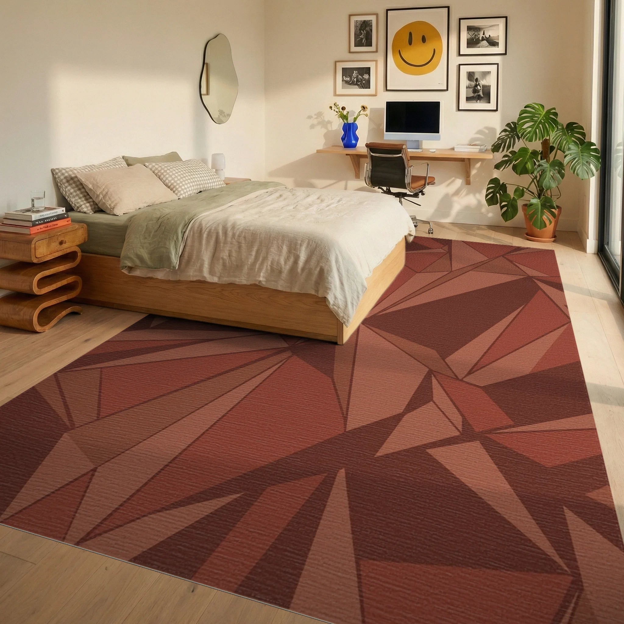 Terracotta Geometric Crystal Facets Rug Bedroom View