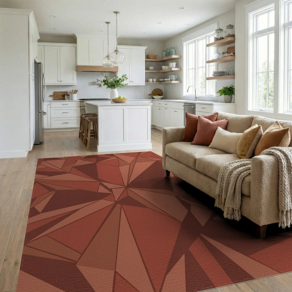 Terracotta Geometric Crystal Facets Rug Living Room View