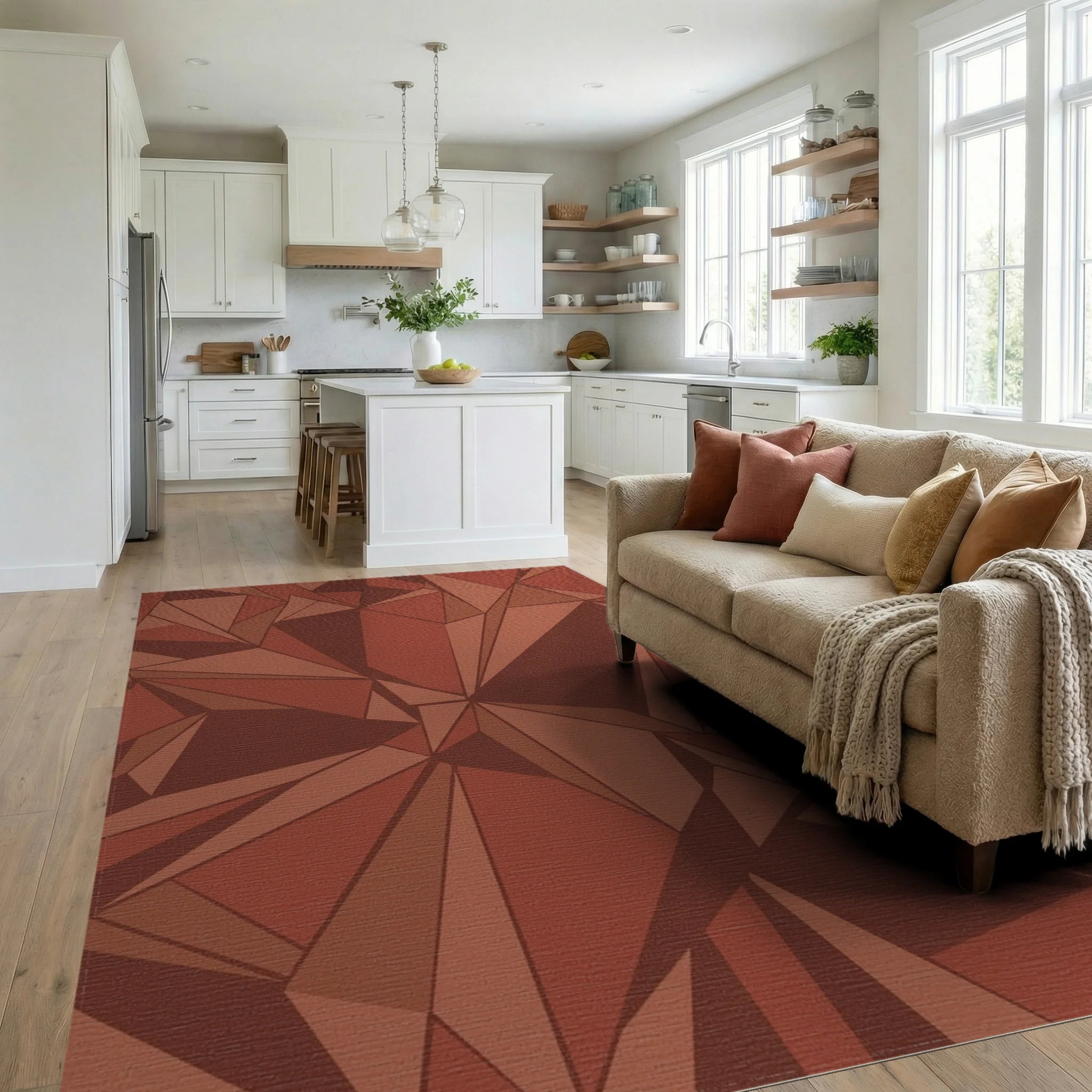 Terracotta Geometric Crystal Facets Rug Living Room View