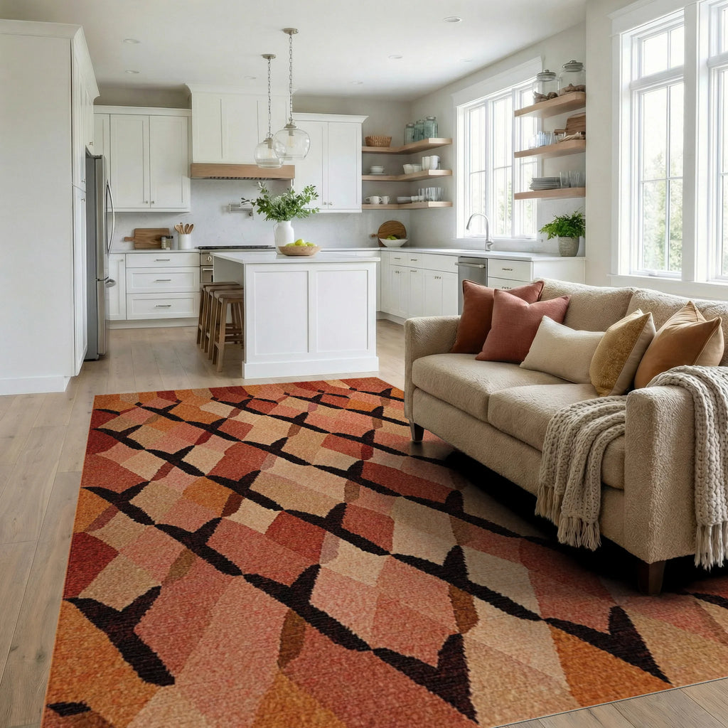 Terracotta Geometric Interlocking Diamond Weave Rug Living Room View