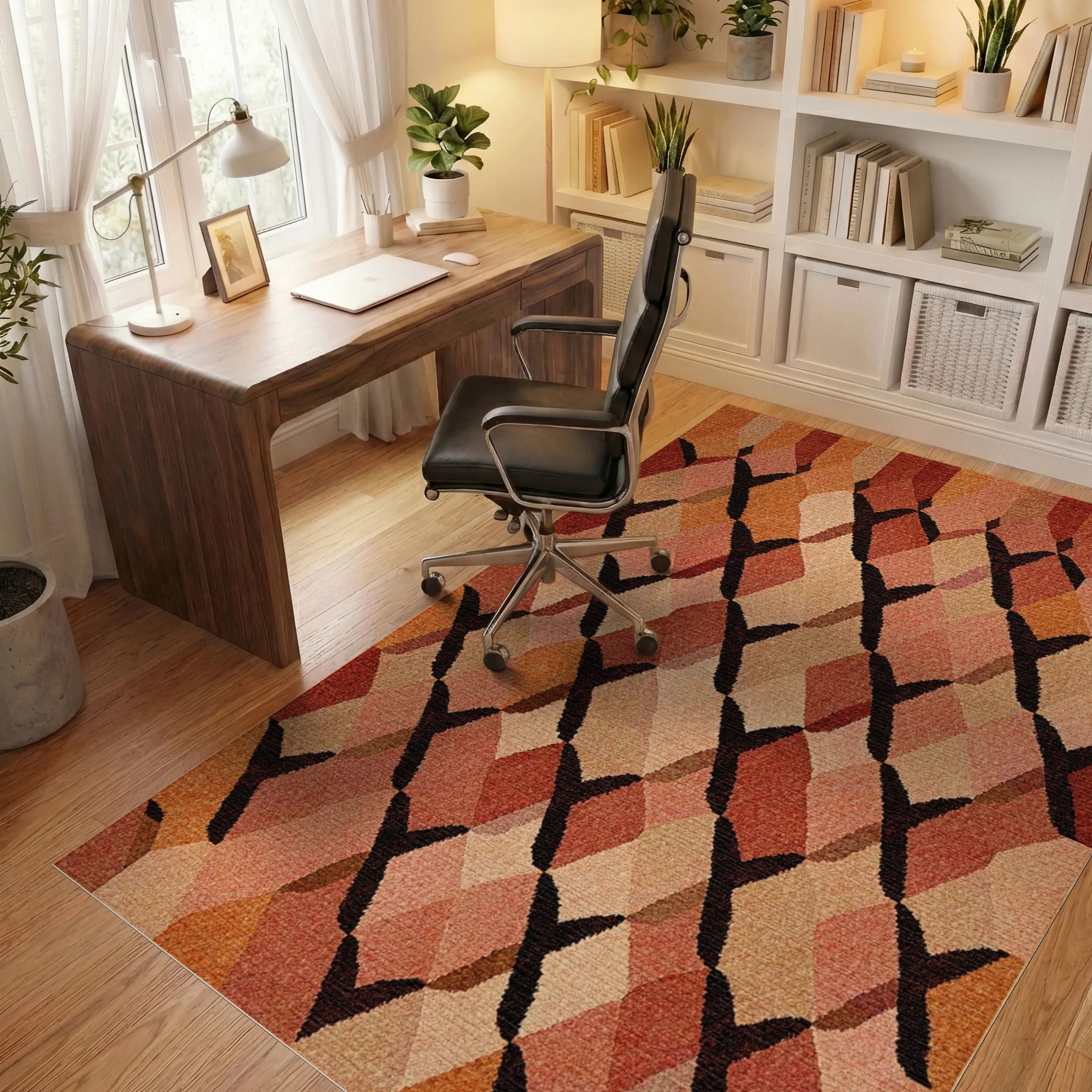 Terracotta Geometric Interlocking Diamond Weave Rug Office View