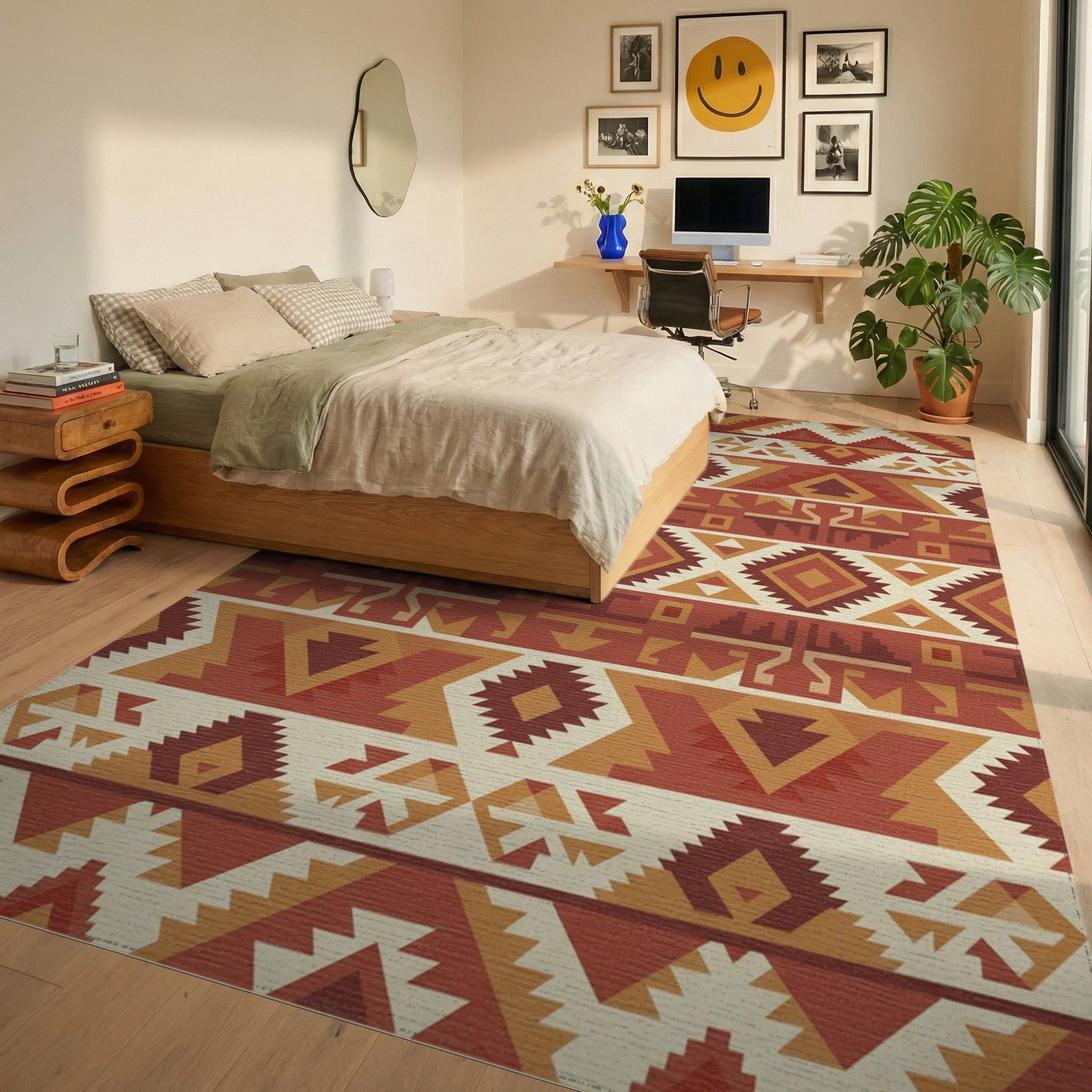 Terracotta Geometric Tribal Stripes Rug Bedroom View