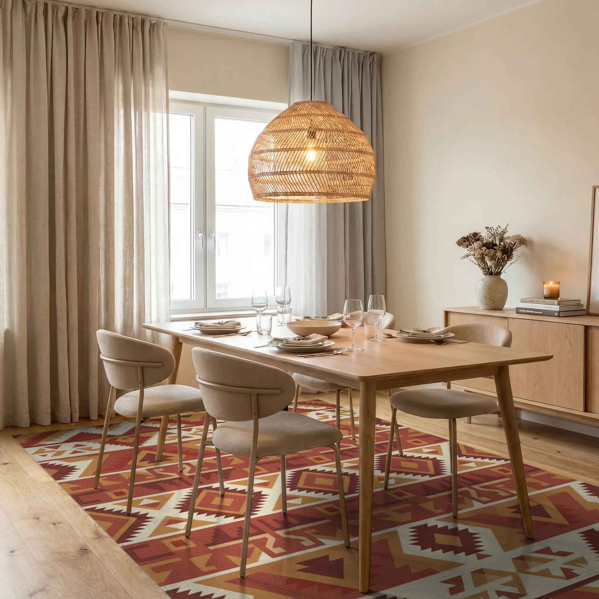 Terracotta Geometric Tribal Stripes Rug Dining Room View