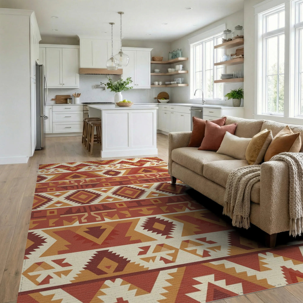 Terracotta Geometric Tribal Stripes Rug Living Room View