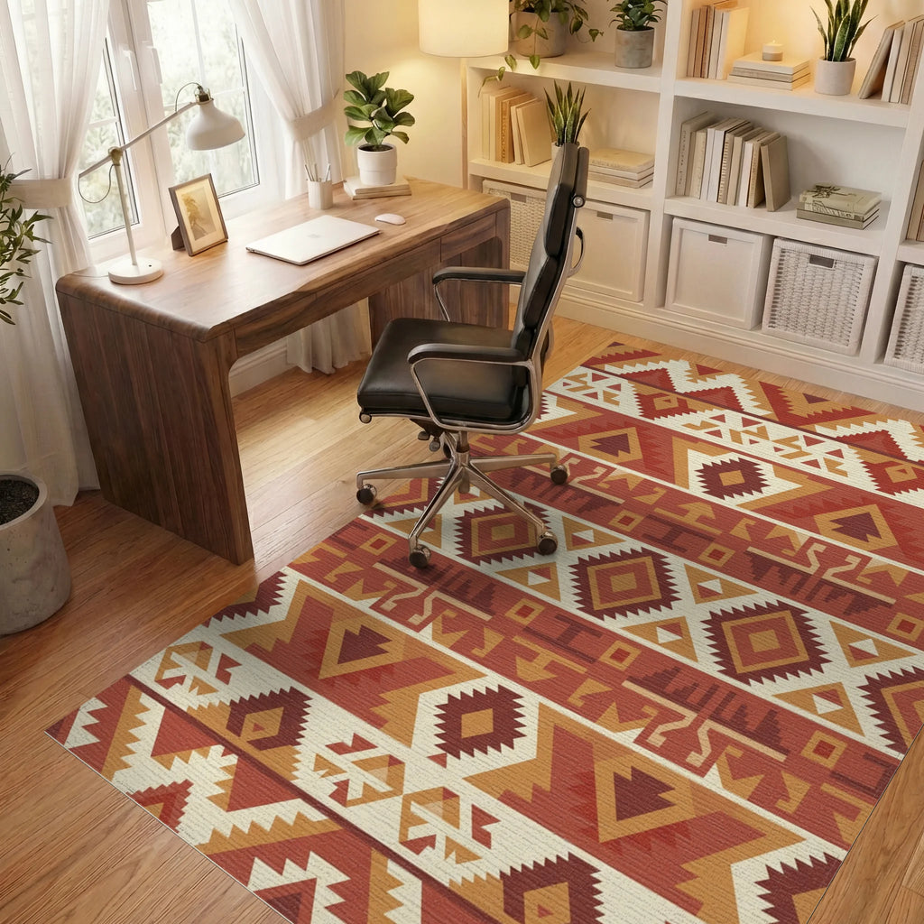 Terracotta Geometric Tribal Stripes Rug Office View
