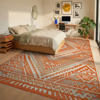 Terracotta Gray Geometric Diamond Rug - Bedroom View