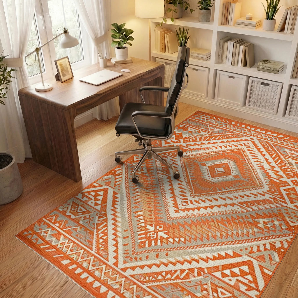 Terracotta Gray Geometric Diamond Rug - Office View