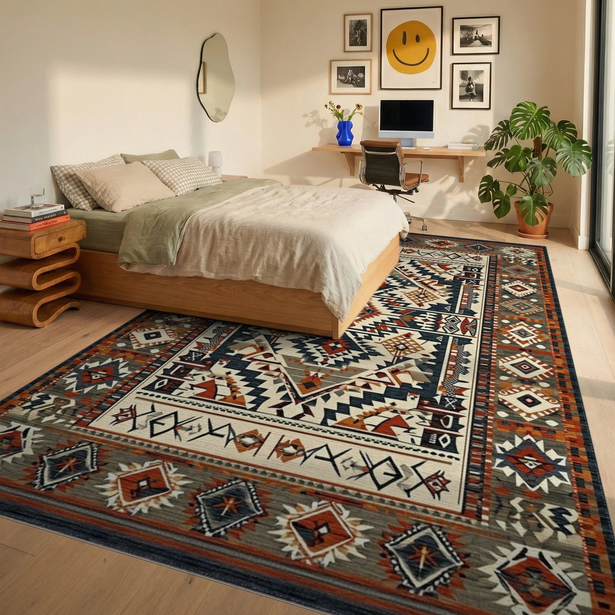 Terracotta Gray Geometric Diamond Rug - Bedroom View