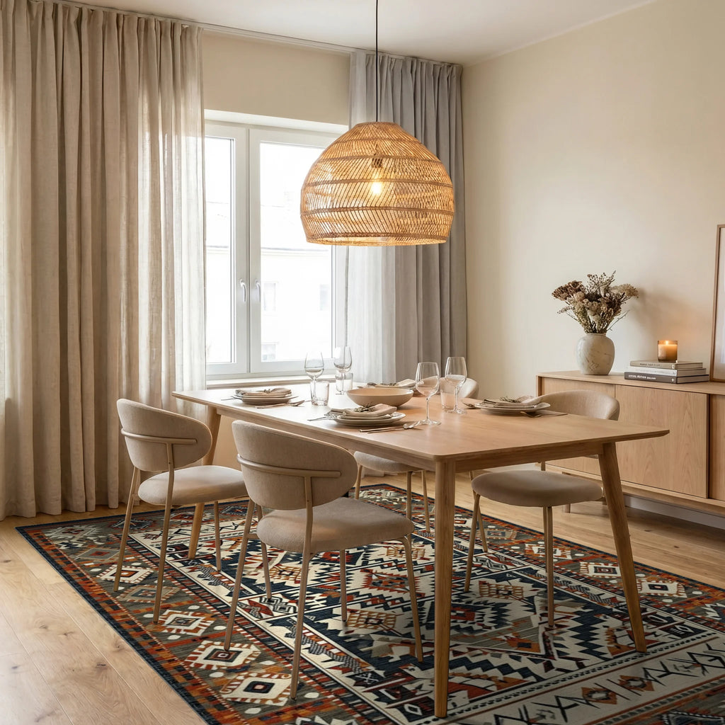 Terracotta Gray Geometric Diamond Rug - Dining Room View
