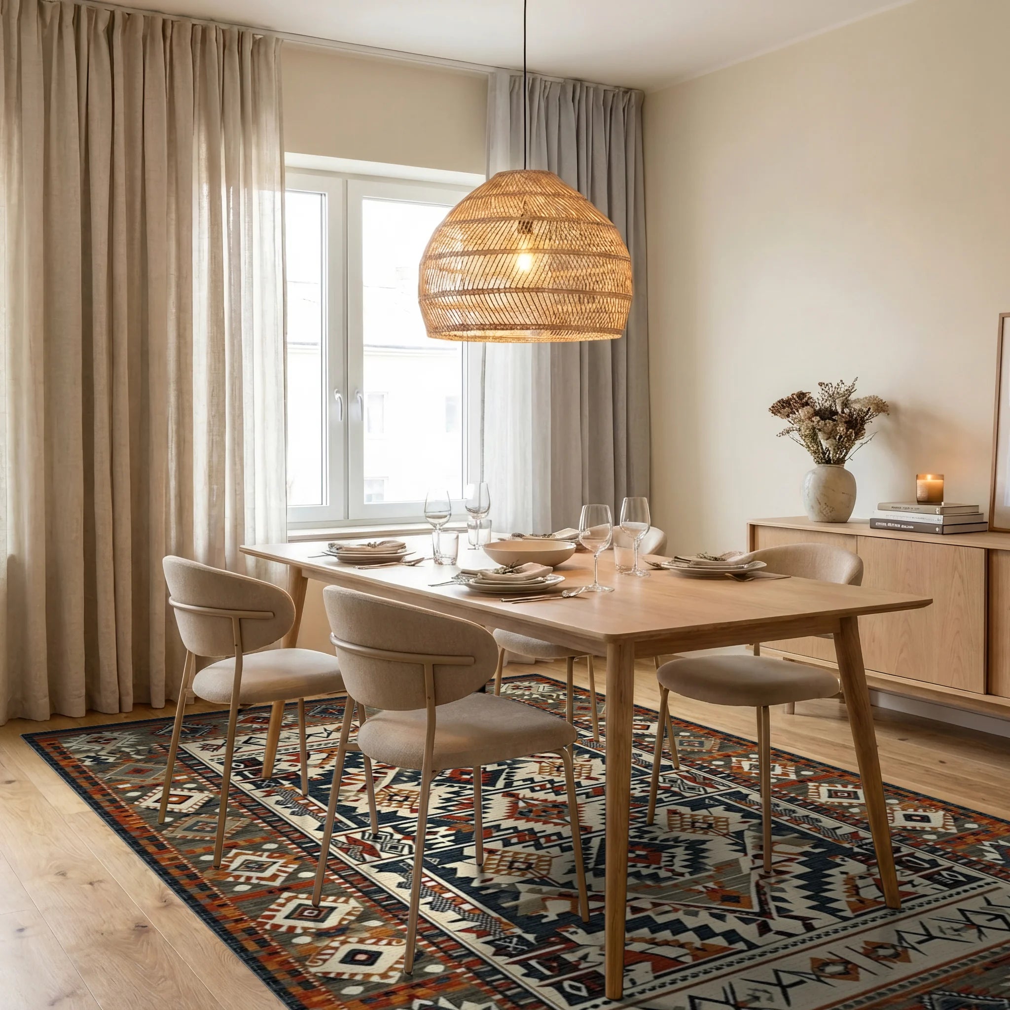 Terracotta Gray Geometric Diamond Rug - Dining Room View