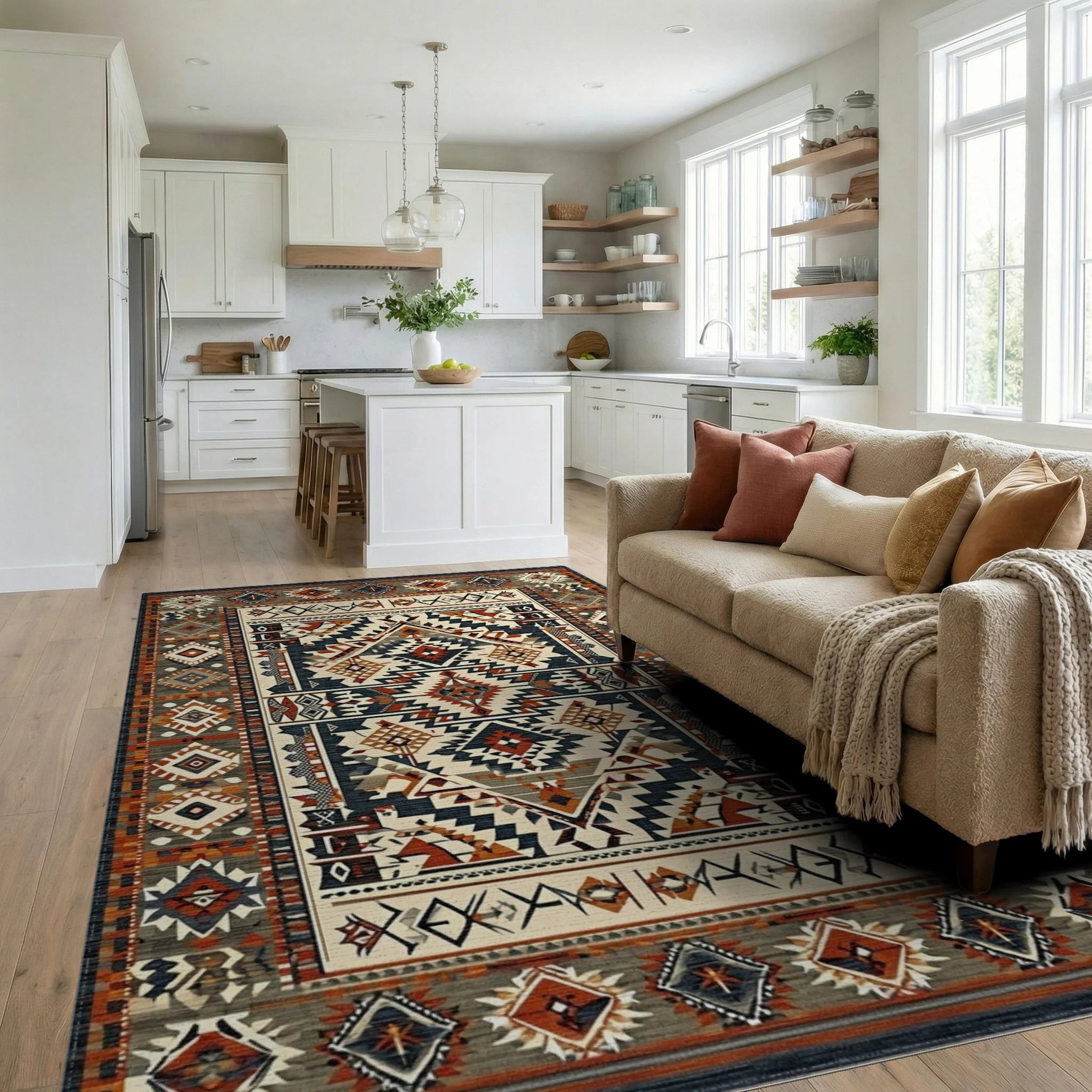 Terracotta Gray Geometric Diamond Rug - Living Room View