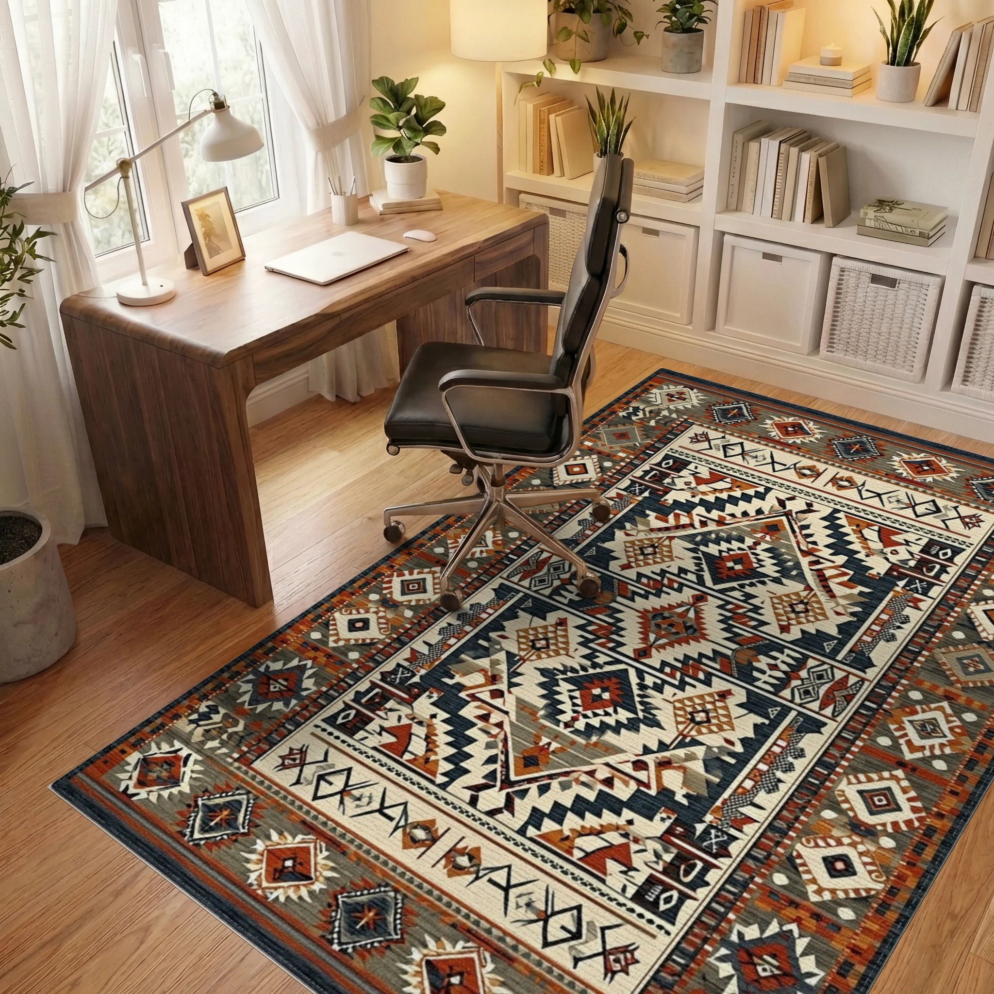Terracotta Gray Geometric Diamond Rug - Office View