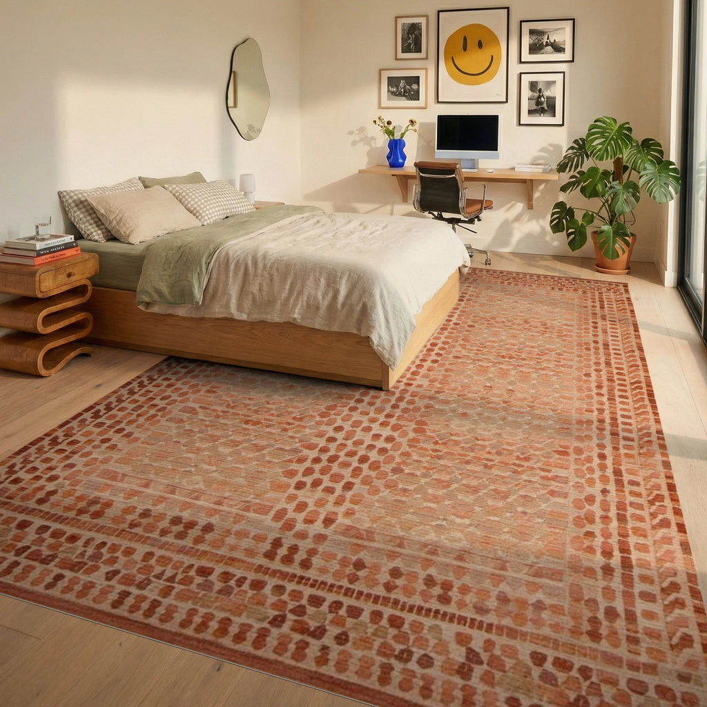 Terracotta Hues Geometric Lattice Rug - Bedroom View