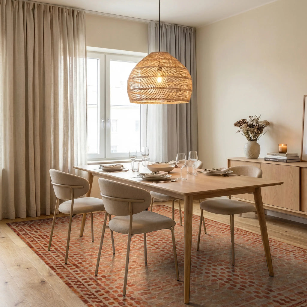 Terracotta Hues Geometric Lattice Rug - Dining Room View