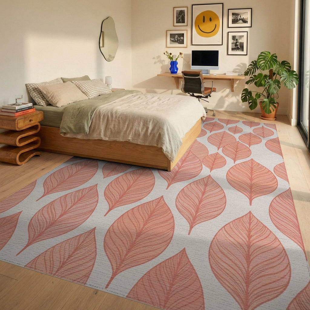 Terracotta Leaf Overlay Repeating Pattern Rug Bedroom View