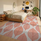 Terracotta Leaf Overlay Repeating Pattern Rug Bedroom View