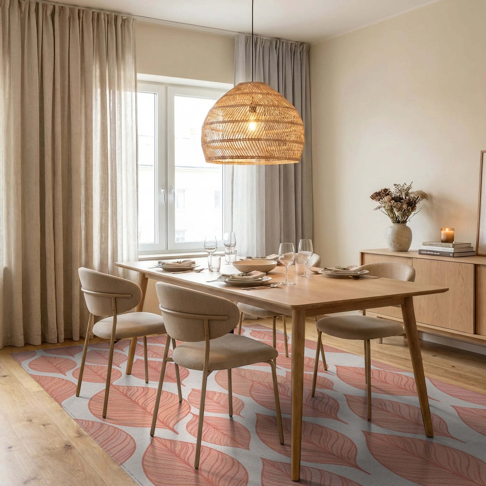 Terracotta Leaf Overlay Repeating Pattern Rug Dining Room View