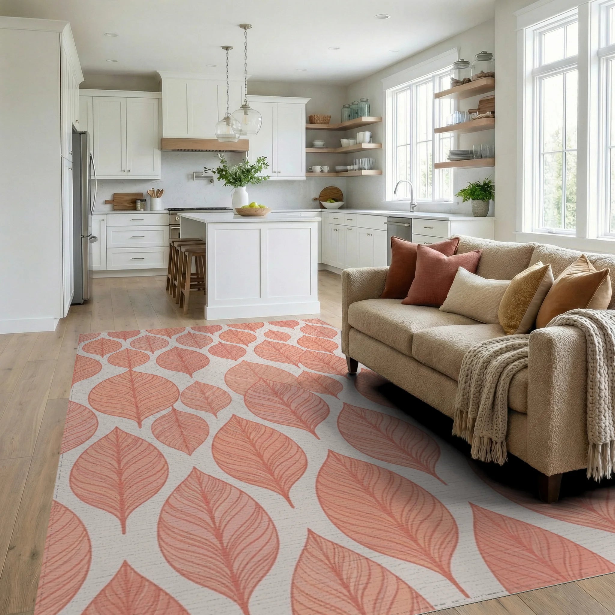 Terracotta Leaf Overlay Repeating Pattern Rug Living Room View