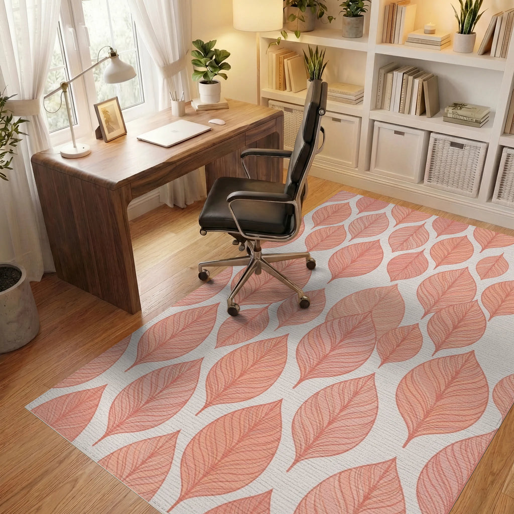 Terracotta Leaf Overlay Repeating Pattern Rug Office View