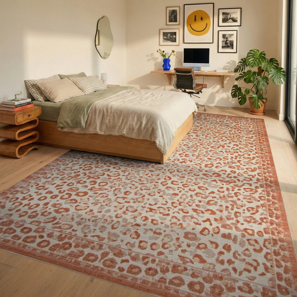 Terracotta Leopard Spots Border Rug - Bedroom View
